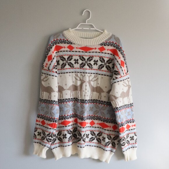 Womens Christmas Sz L/XL Geometric Animal Relaxed Pullover Stretch Sweater - Picture 1 of 8